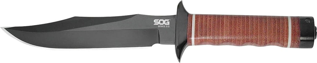 SOG Bowie 2.0 Fixed Blade Knife-Tactical Knife with 6.4 Inch Blade, Hunting Knife with Hard Case TiNi Coating and AUS-8 Steel, Leather Knife Sheath (S1T-L),Brown