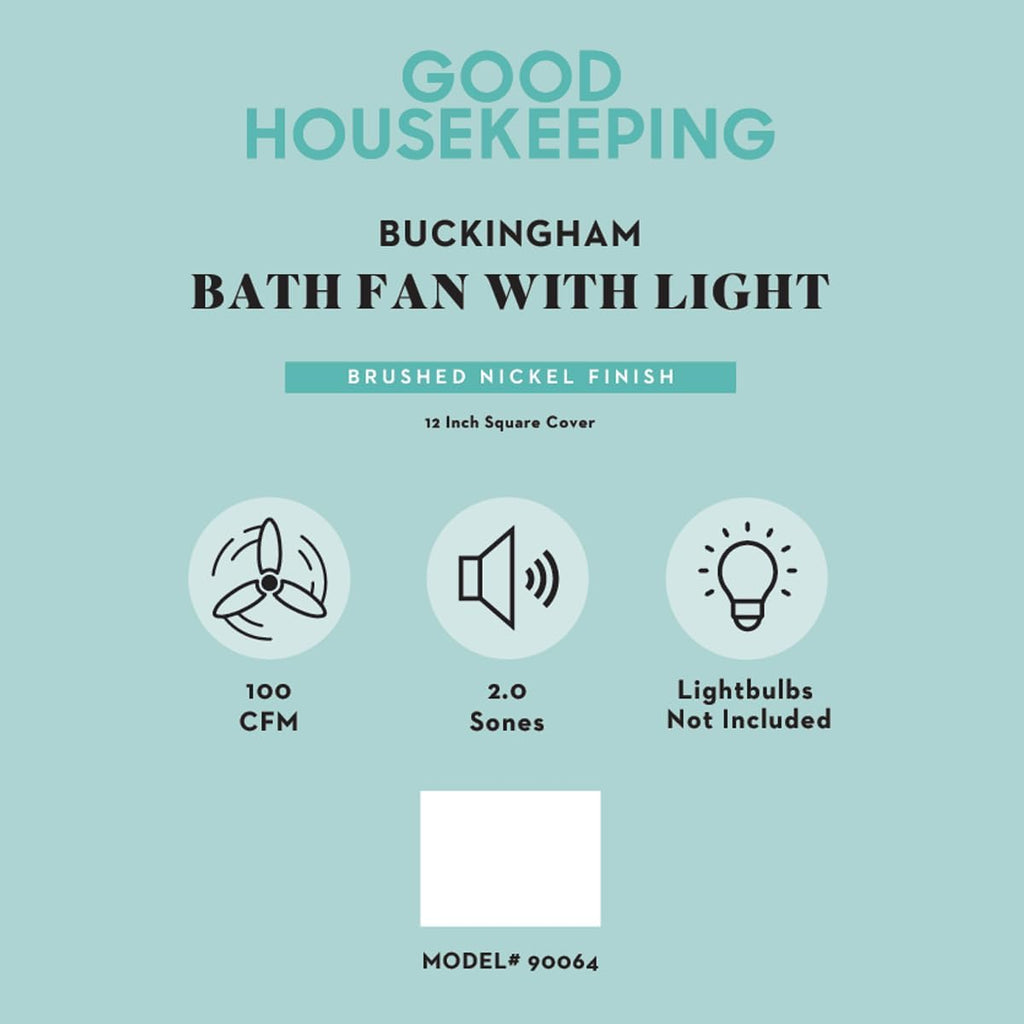 Good Housekeeping Buckingham (90064) 100 CFM 2.0 Sones Decorative Bathroom Ventilation Exhaust Fan with Light & Night-Light, Brushed Nickel