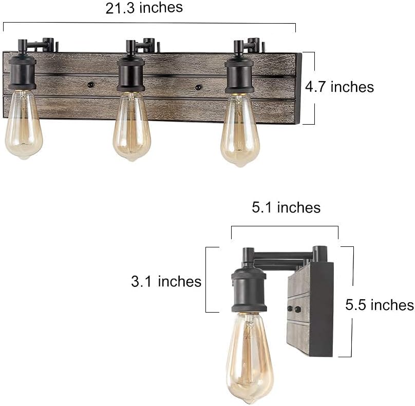 LOG BARN Vanity Lights, Bathroom Fixtures in Rustic Wood and Oil Rubbed Metal Finish, Farmhouse Wall Sconces with Adjustable Sockets Over Mirrors