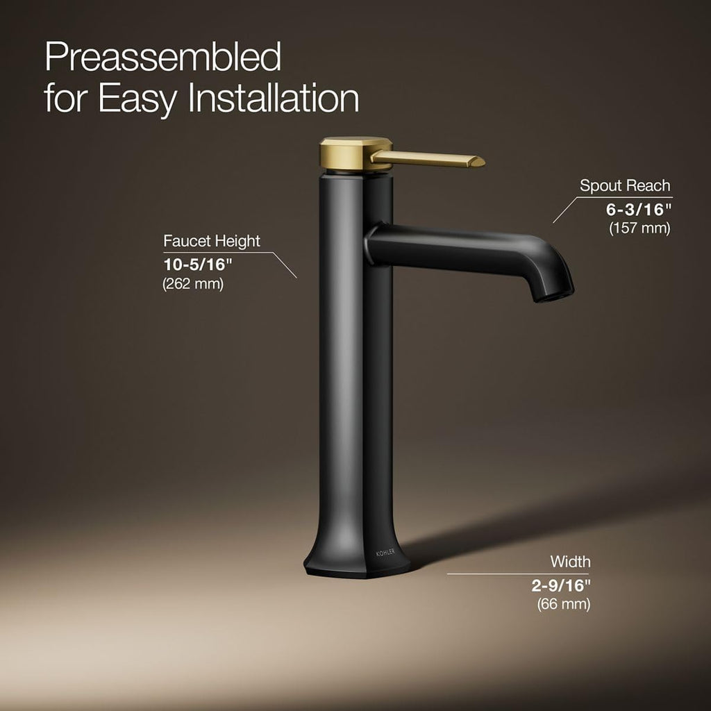 KOHLER 27003-4N-BMB Occasion Tall Single-Handle Bathroom Faucet with Pop-Up Drain Assembly, One Hole Bathroom Sink Faucet, 0.5 gpm, Matte Black with Moderne Brass