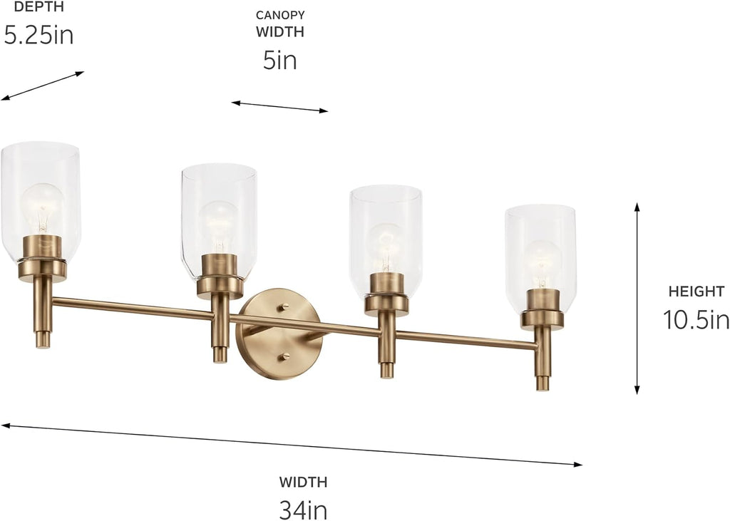 Kichler Madden 4-Light Bathroom Vanity Light Fixture with Clear Glass Shades in Champagne Bronze, Modern Wall Mount for Single or Double Vanity Over Mirror (10.5' x 34'), 55186CPZ