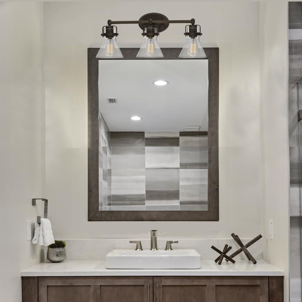 Maxim Lighting Seafarer 3-Light Bath Vanity Light | Oil Rubbed Bronze Steel Finish | Seedy Glass Shade | Industrial Indoor Light Fixture | Ideal for Bathrooms & Powder Rooms | Dimmable | 26113CDOI