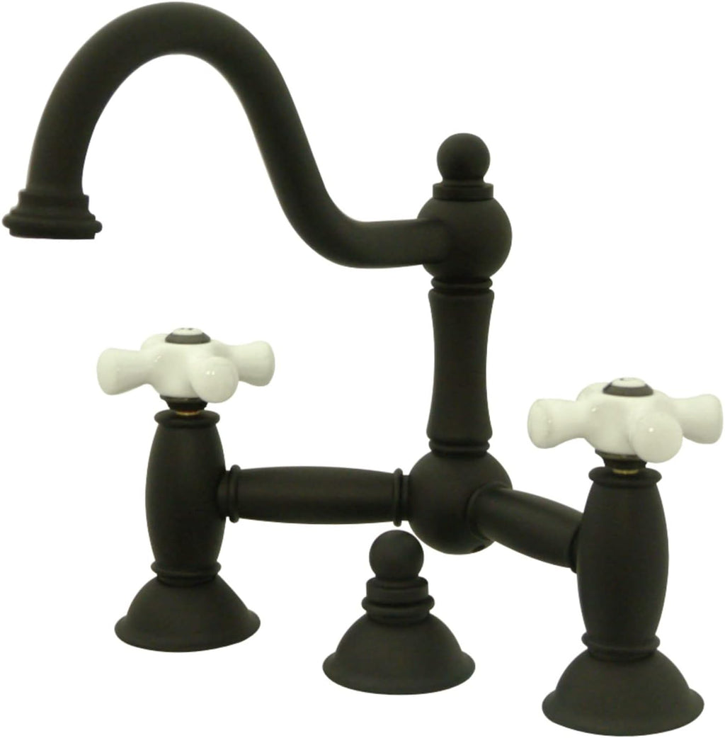 Kingston Brass KS3915PX Restoration Widespread Lavatory Faucet with Porcelain Cross Handle, Oil Rubbed Bronze