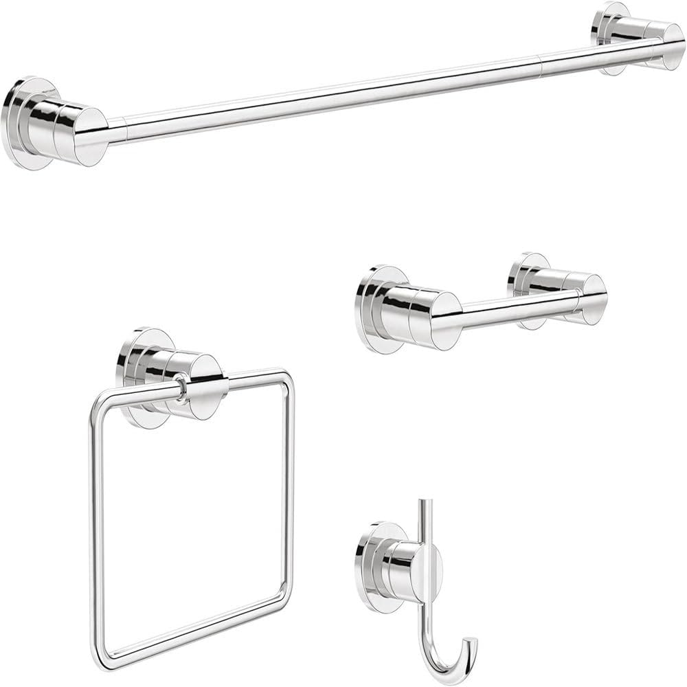 Four Piece Bathroom Hardware Set 18 to 24 Inch Towel Bar Toilet Paper HolderTowel Ring Brushed Nickel Towel Hook,Polished Chrome,01