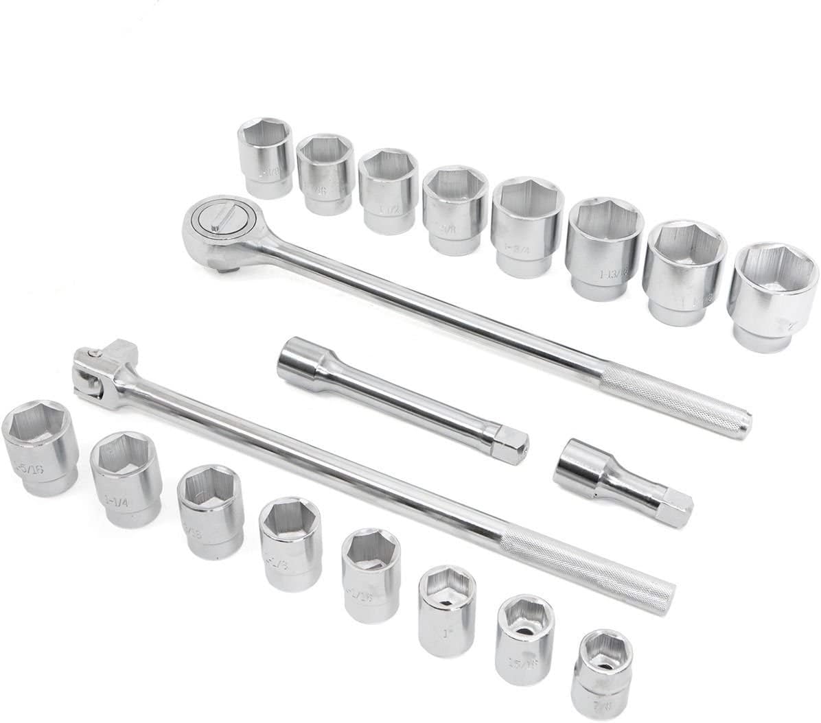 TONYNOL 21-Piece 3/4' Drive Socket Wrench Sets, 6-Point,SAE Size(7/8''-2'),CR-V Steel Sockets with Adapters and Ratchet Handle,Flex-head breaker bar
