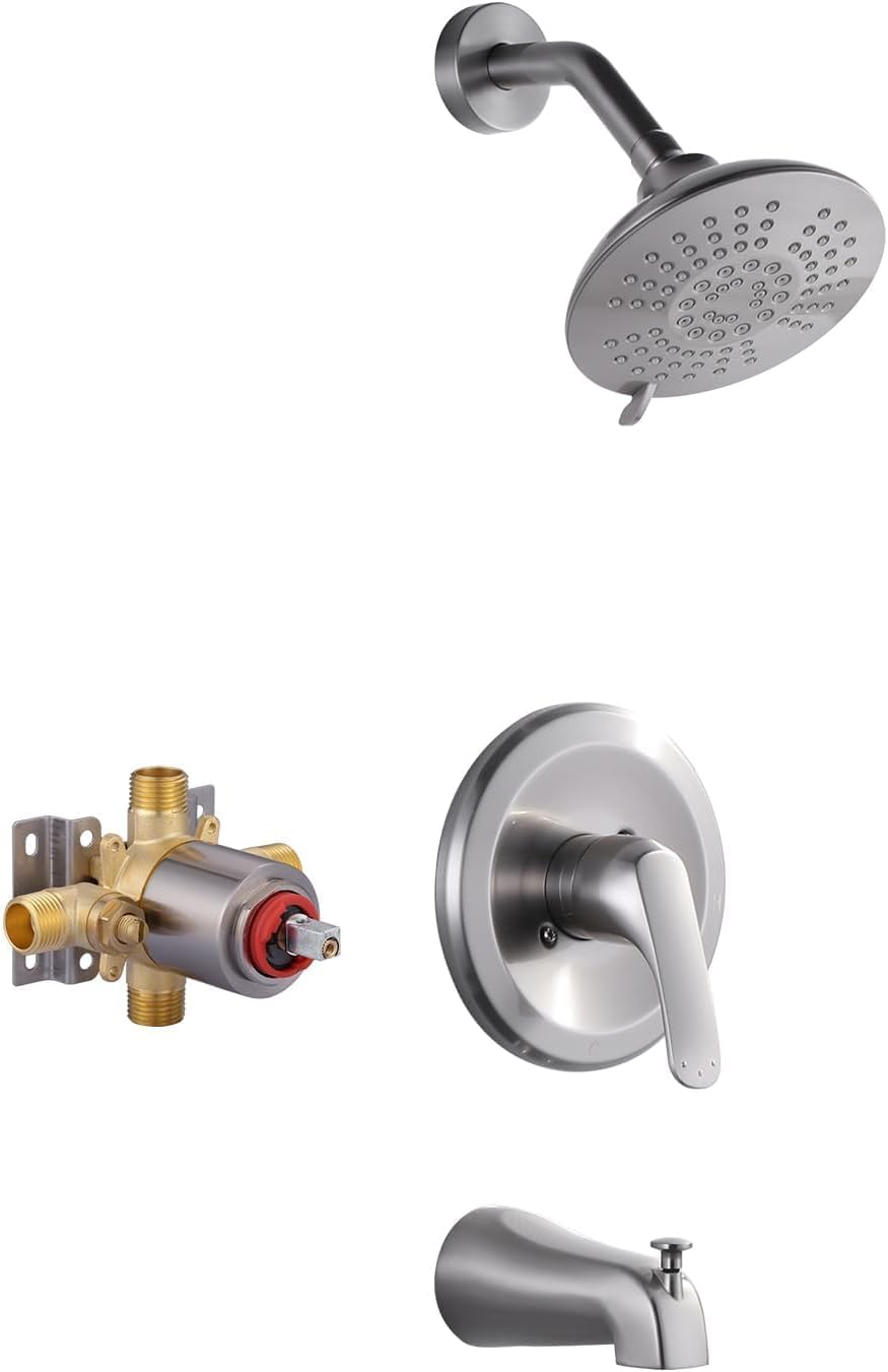 Shower Faucet with Valve, Brushed Nickel Bathroom Tub Shower Faucet Kit, Single Handle Rain Shower Head with Tub Spout, Solid Brass Shower Tub Faucet Set Complete, Bathtub Faucet with Shower