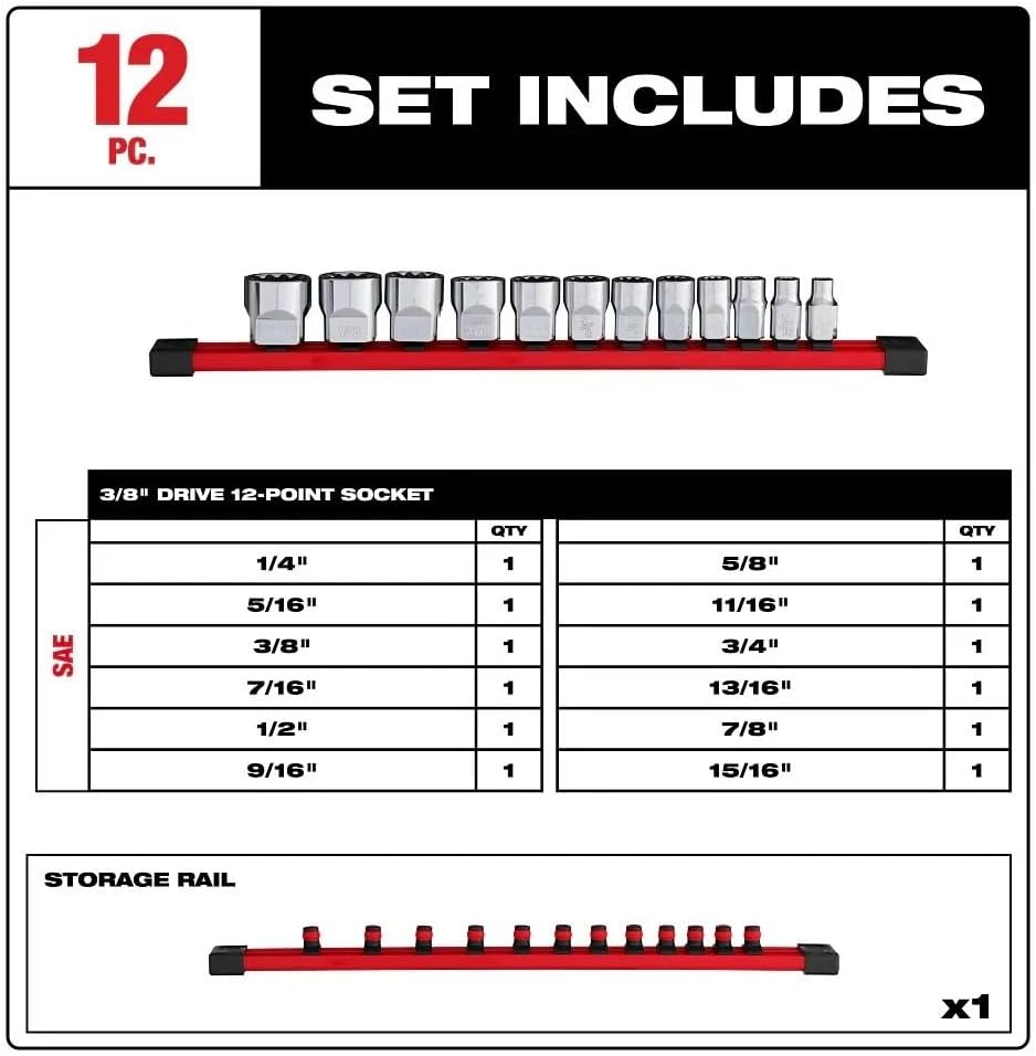 12 pc 48-22-9420 for Milwaukee 3/8' Drive 12-Point Socket Set - FOUR FLAT