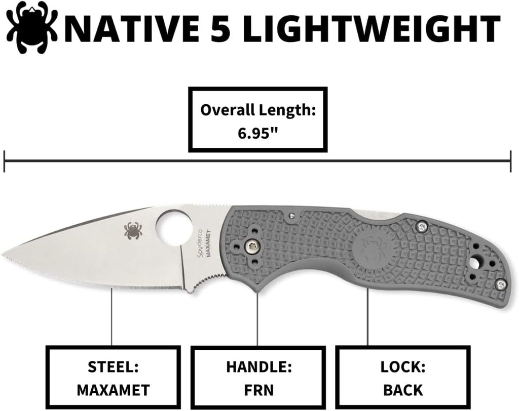 Spyderco Native 5 Signature Knife with 2.95' Maxamet Steel Blade and Gray FRN Handle - PlainEdge - C41PGY5