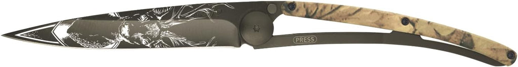 deejo - 37G Folding Pocket Knife with Belt Clip - Deer Design, 3.7-Inch Stainless Steel Blade, Brown Camo Handle - Lightweight Everyday Carry for Home, Work, and Outdoor Use