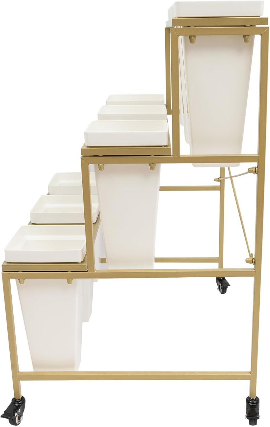 Flower Display Stand with 9Pcs White Square Buckets, 3 Layers Gold Metal Plant Holder with Wheels, Moving Florist Bouquet Shelf for Fresh Flower Shop, for Patio Garden, Outdoor Flower Pop-Up Events
