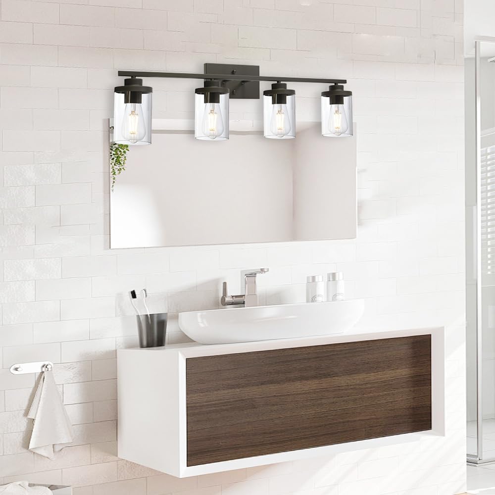 Bathroom Vanity Light Fixtures Oil Rubbed Bronze Finished 4-Light with Clear Glass Shade Contemporary Wall Sconces Bathroom Lighting Wall Mount Lamp for Kitchen Entryway Living Room Hallway