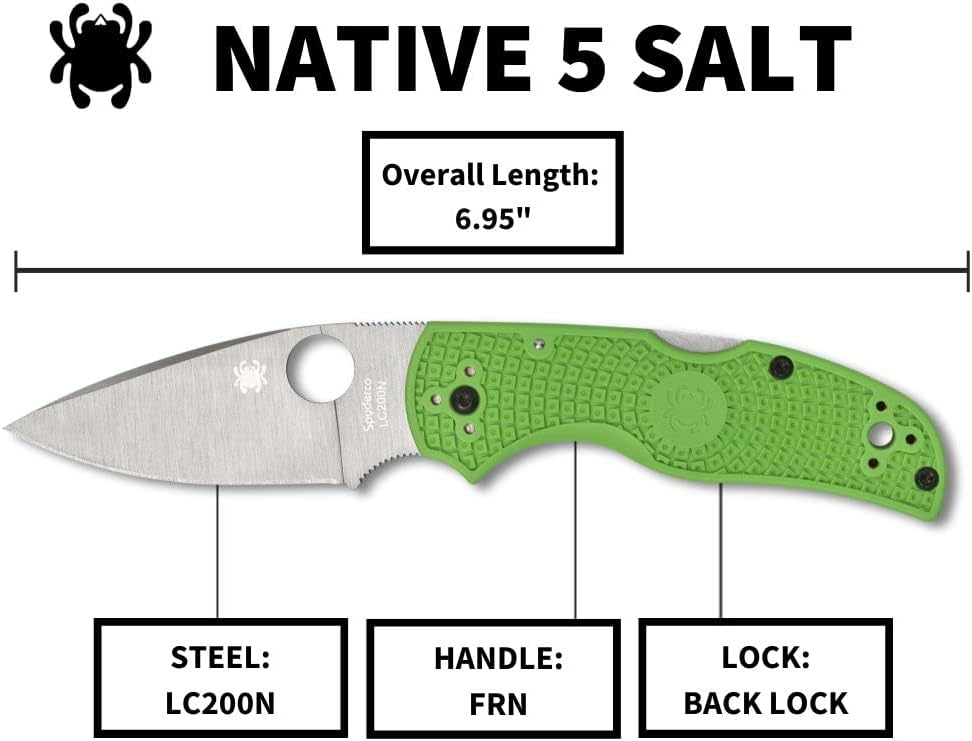 Spyderco Native 5 Lightweight Salt Folding Knife with 2' LC200N Steel Blade and Green FRN Handle - EDC Knife for Men and Women, Perfect for Hunting, Tactical, Camping, Survival - PlainEdge - C41PGR5