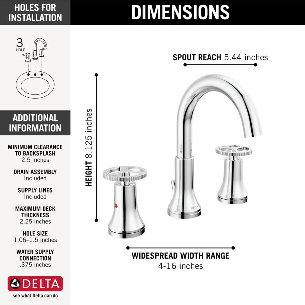 Delta Faucet Trinsic Widespread Bathroom Faucet Chrome, Bathroom Faucet 3 Hole, Diamond Seal Technology, Metal Drain Assembly, Chrome 3558-MPU-DST
