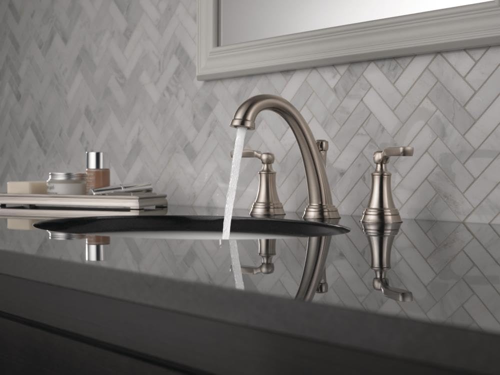 Delta Woodhurst Brushed Nickel Bathroom Faucet 3 Hole, 8 Inch Widespread Bathroom Sink Faucet for Vanity, Metal Push-Pop Drain Assembly, Stainless 3532LF-SS