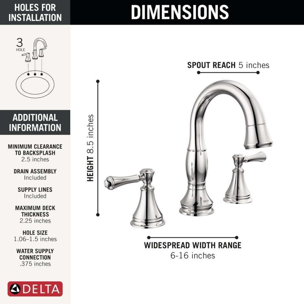 Delta Faucet Cassidy Pull Down Bathroom Faucet, Bathroom Pull Out Faucet, Chrome Widespread Bathroom Faucet 3 Hole with Pull Down Sprayer, Bathroom Sink Faucet Magnetic Docking, Chrome 3597-PD-DST