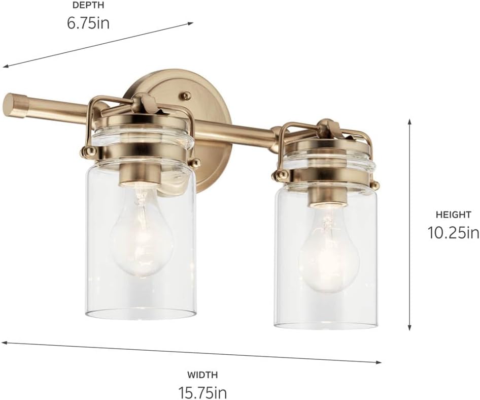 Kichler Brinley 2-Light Bathroom Vanity Light Fixture 15.75 in Industrial Farmhouse with Clear Glass in Champagne Bronze for Mirror Over Sink (15.75 x 10.25 x 6.75 in), 45688CPZ