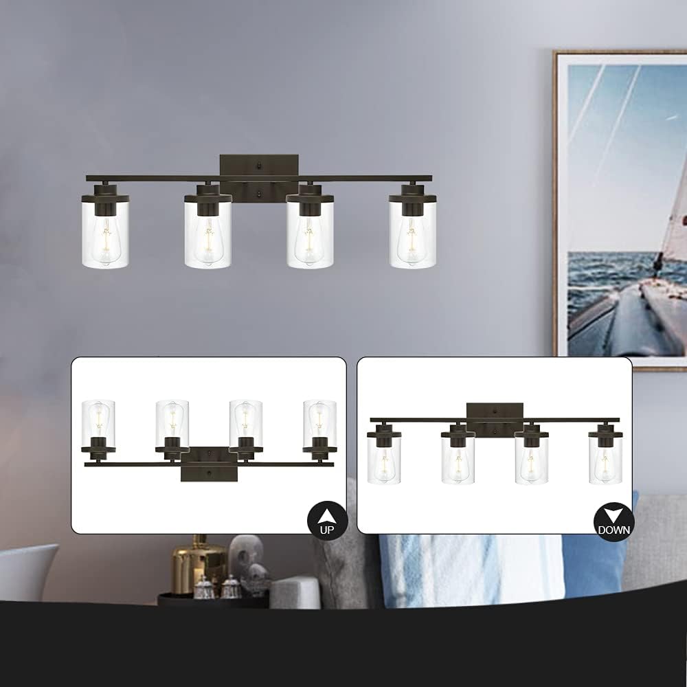 Bathroom Vanity Light Fixtures Oil Rubbed Bronze Finished 4-Light with Clear Glass Shade Contemporary Wall Sconces Bathroom Lighting Wall Mount Lamp for Kitchen Entryway Living Room Hallway