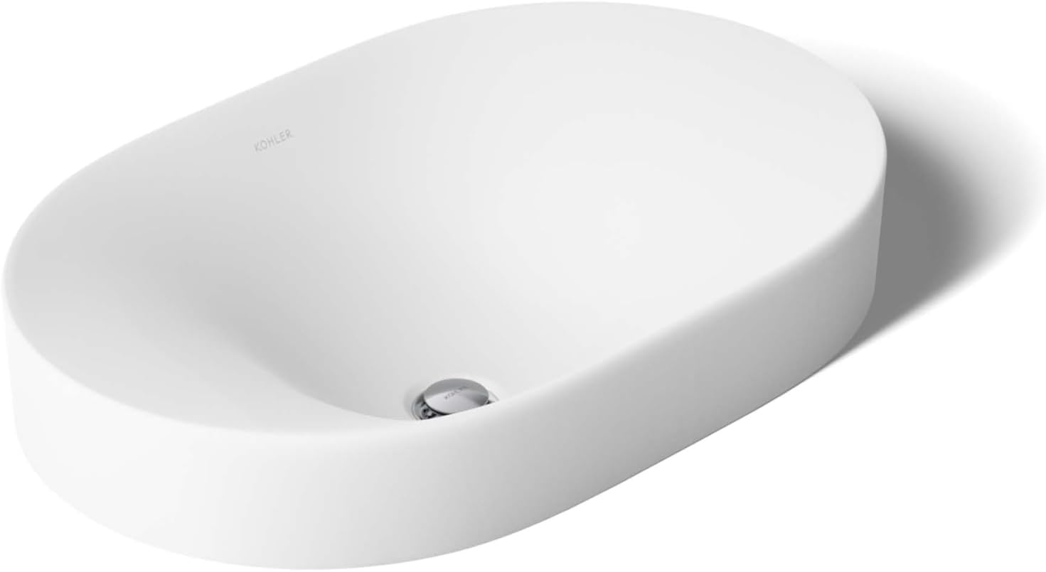KOHLER 31701-0 Chalice 22-3/4' Oval Bathroom Vessel Sink, Above Counter Vanity Sink Basin, with Overflow, No Faucet Holes, White