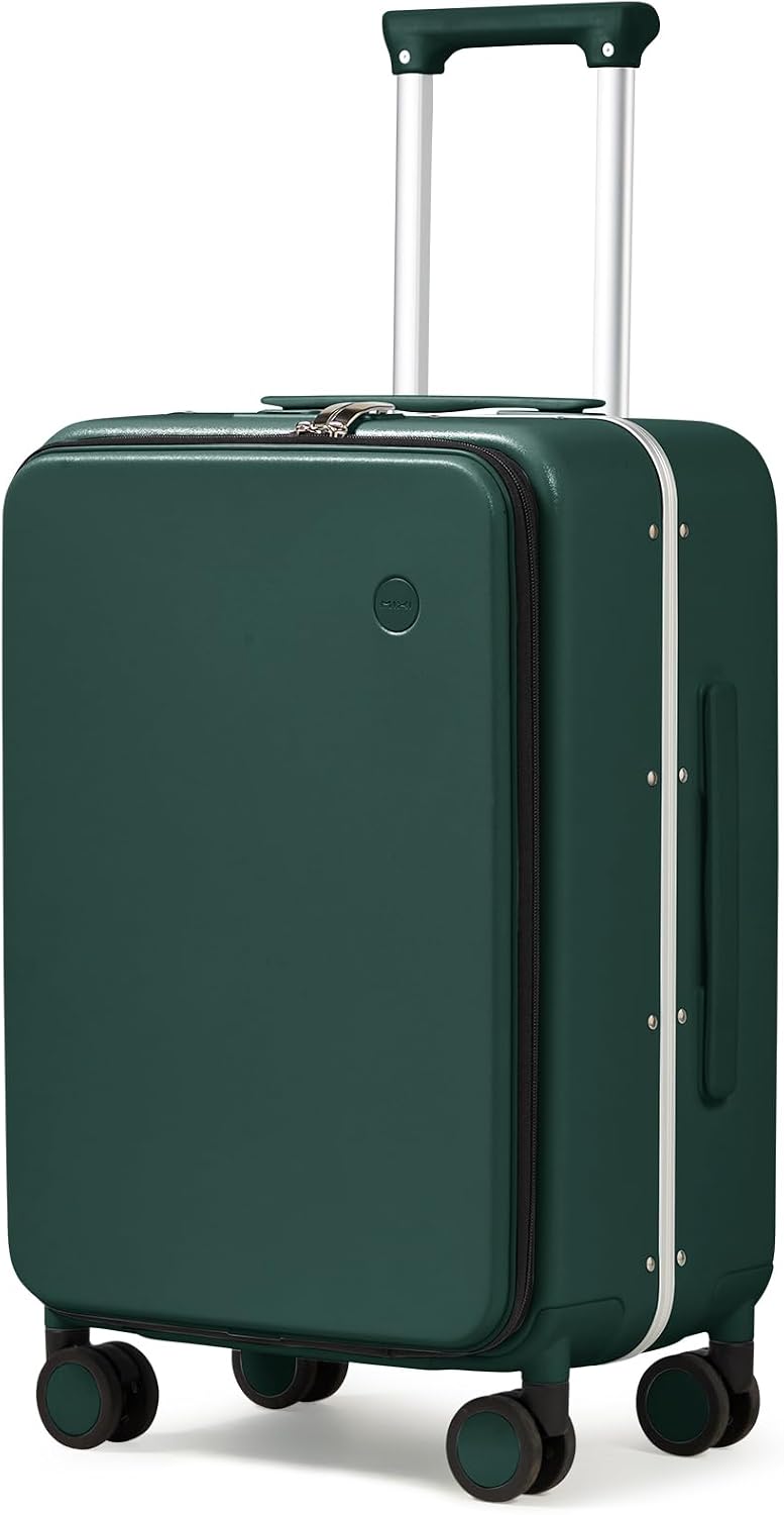 mixi Carry On Luggage, 20'' Suitcase with Front Pocket, Travel Rolling Luggage Aluminum Frame PC Hardside with Spinner Wheels & TSA Lock and Cover - Blackish Green