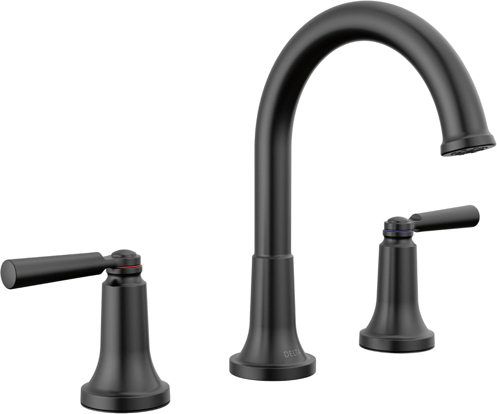 Delta Saylor Matte Black Bathroom Faucet 3 Hole, 8 Inch Widespread Bathroom Sink Faucet for Vanity, Metal Push-Pop Drain Assembly, Matte Black 3535-BLMPU-DST