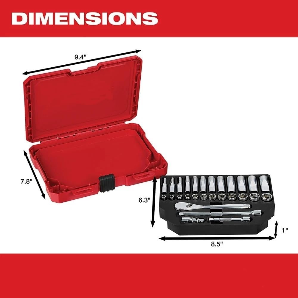 28 PC 48-22-9504 for Milwaukee 1/4' Drive Ratchet & Socket Set w/Portable Carrying Case - Metric