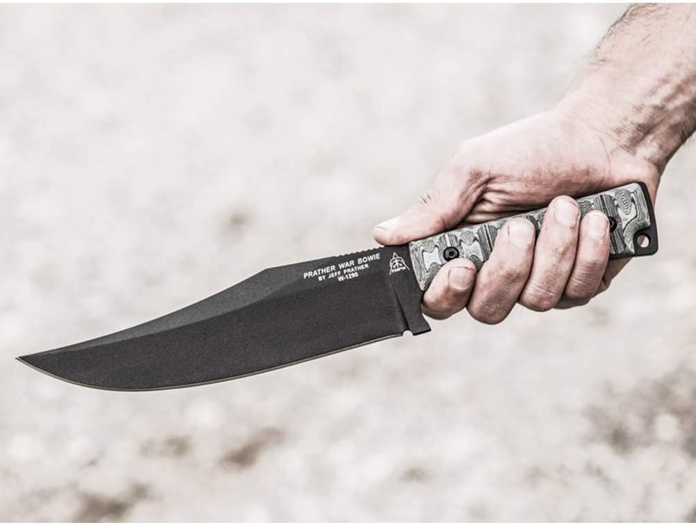 Tops Knives Prather War Bowie Full Tang Fixed Blade- Black Traction Coating Blade Finish- Black Ballistic Nylon Sheath