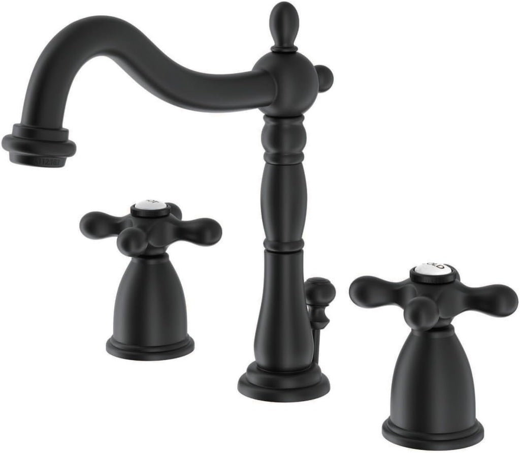 Kingston Brass KB1970AX Heritage 8' Widespread Lavatory Faucet with Brass Pop-Up, 6-1/2' in Spout Reach, Matte Black