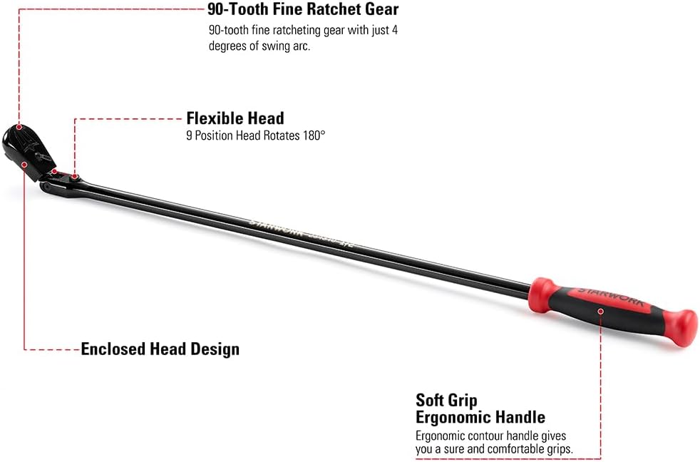STARWORK TRUE MECHANIC™ 1/2' Drive 90 Tooth Dust-Proof Black Chrome Locking Flex Ratchet, Extra Long 33' Length