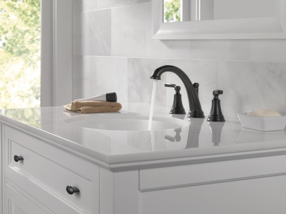 Delta Woodhurst Matte Black Bathroom Faucet 3 Hole, 8 Inch Widespread Bathroom Sink Faucet for Vanity, Metal Push-Pop Drain Assembly, Matte Black 3532LF-BLMPU