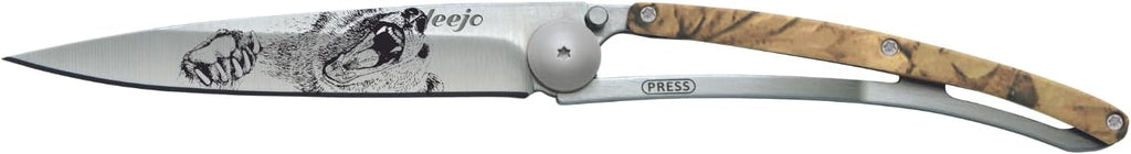 deejo - 37G Folding Pocket Knife with Belt Clip - Grizzly Design, 3.7-Inch Stainless Steel Blade, Brown Camo Handle - Lightweight Everyday Carry for Home, Work, and Outdoor Use