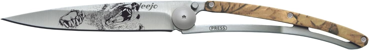 deejo - 37G Folding Pocket Knife with Belt Clip - Grizzly Design, 3.7-Inch Stainless Steel Blade, Brown Camo Handle - Lightweight Everyday Carry for Home, Work, and Outdoor Use