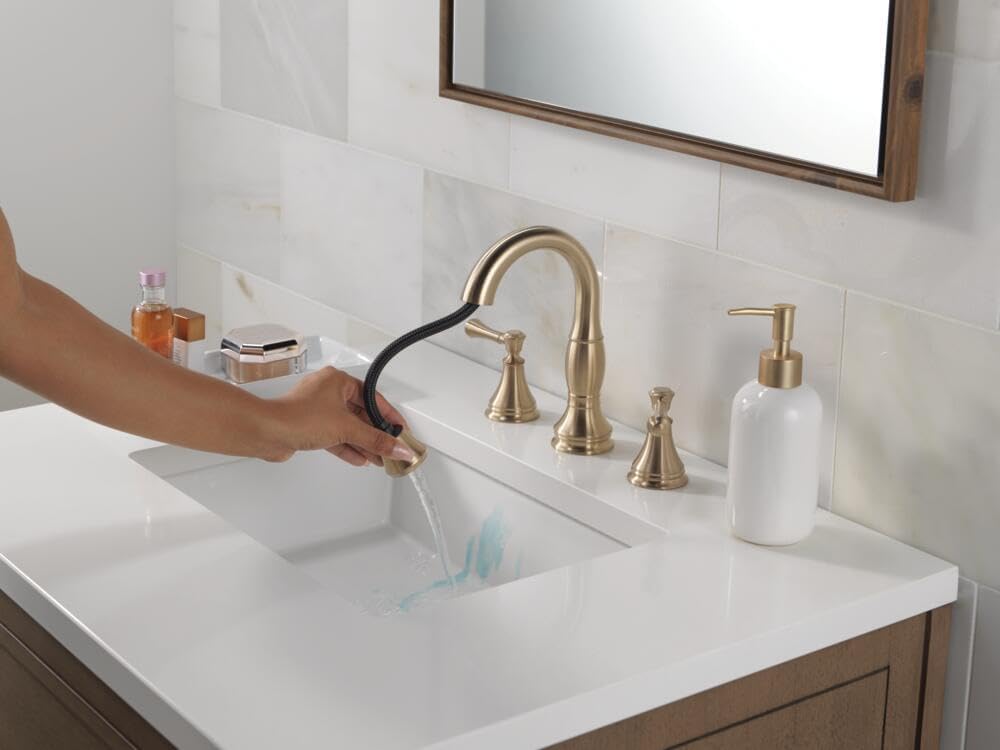 Delta Faucet Cassidy Pull Down Bathroom Faucet, Bathroom Pull Out Faucet, Gold Widespread Bathroom Faucet 3 Hole Pull Down, Bathroom Sink Faucet with Magnetic Docking, Champagne Bronze 3597-CZPD-DST