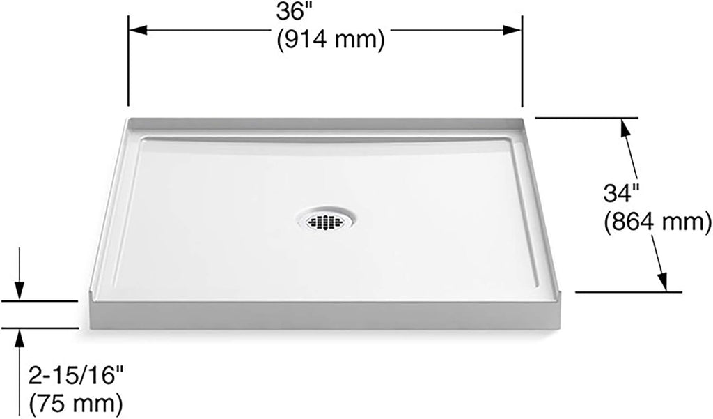 KOHLER K-8644-0 Rely single-threshold shower base with center drain, 36' x 34', White