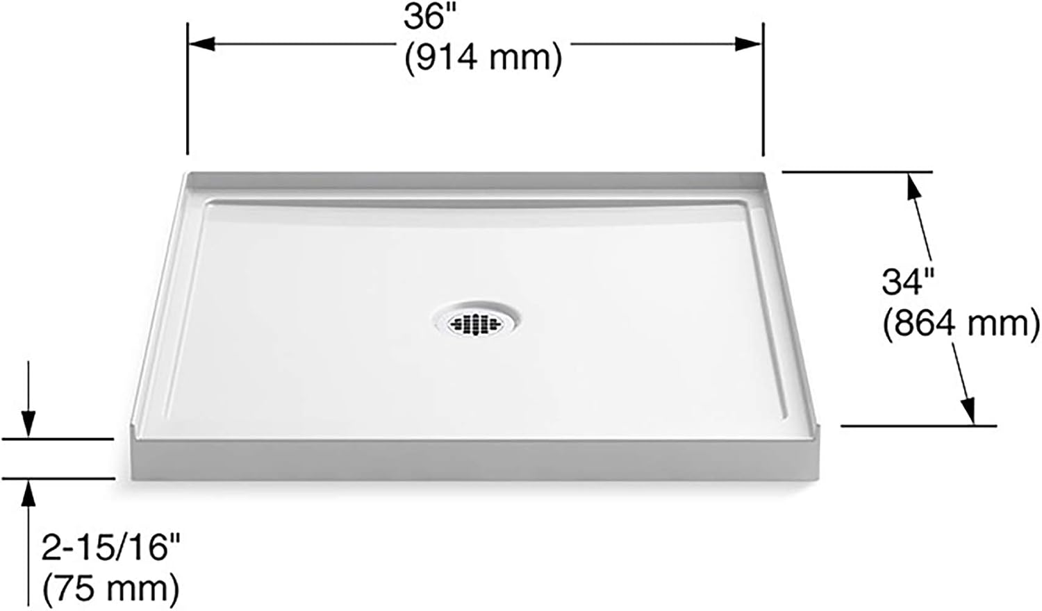 KOHLER K-8644-0 Rely single-threshold shower base with center drain, 36' x 34', White