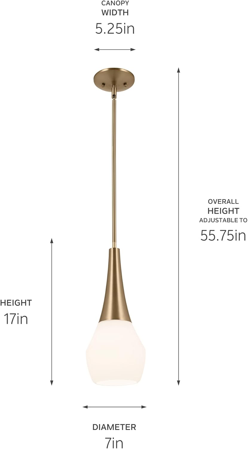 Kichler Deela Single Pendant Light Fixture for Kitchen Island with Satin Etched Cased Opal Glass in Champagne Bronze, Modern Hanging Lamp (7' x 17'), 52529CPZ