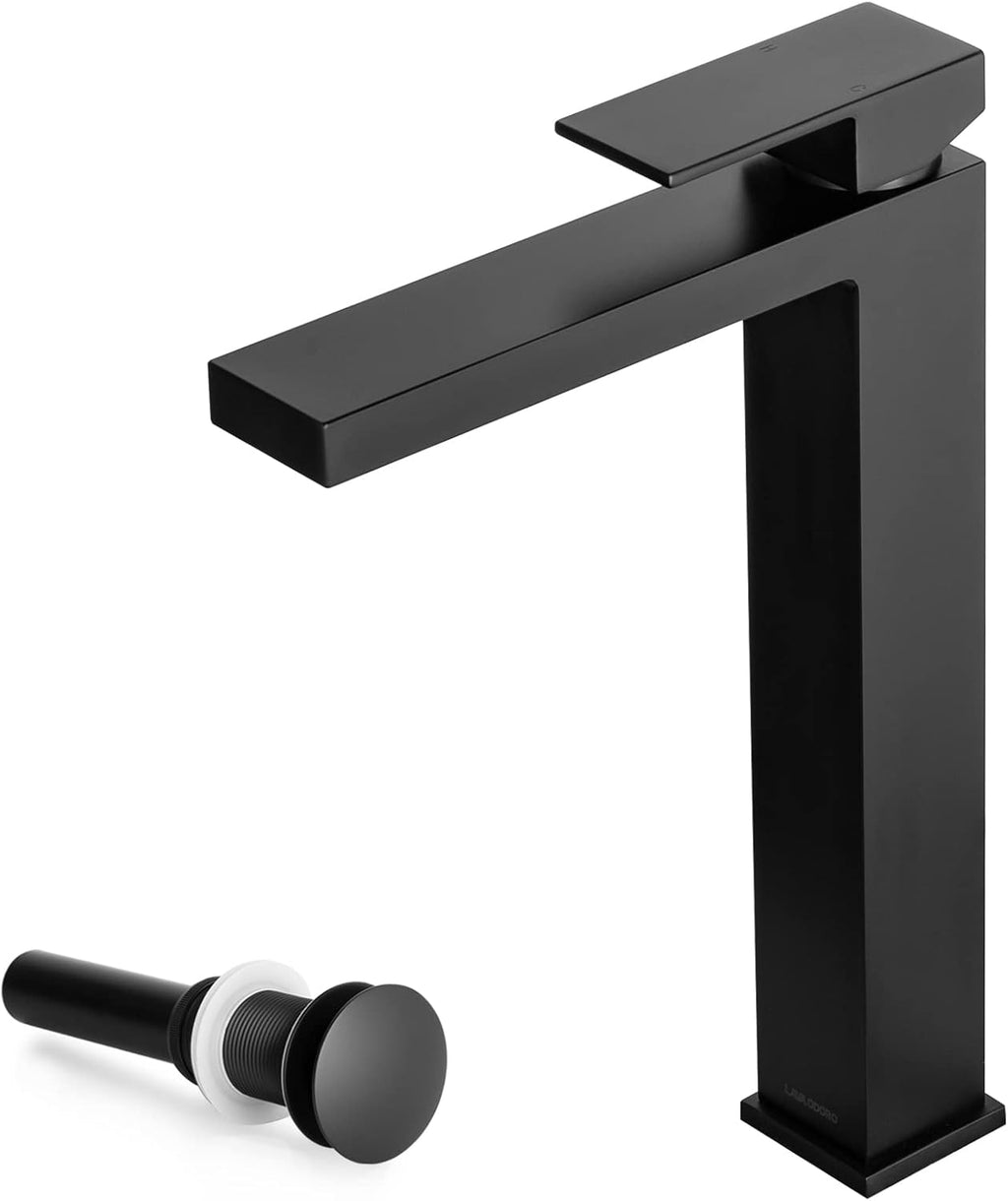 Lava Odoro Matte Black Vessel Sink Faucet, Tall Single Handle Bathroom Faucet Single Hole Bowl Sink Faucet Lavatory Vanity Faucet with Pop up Drain Assembly, BF307-MB-T