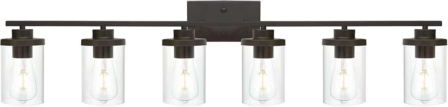 Oil Rubbed Bronze Bathroom Vanity Lights 6 Light, Bronze Vanity Lighting Fixtures with Glass Shade,Industrial Bathroom Light Fixtures Wall Sconces Lights for Kitchen Living Room Hallway