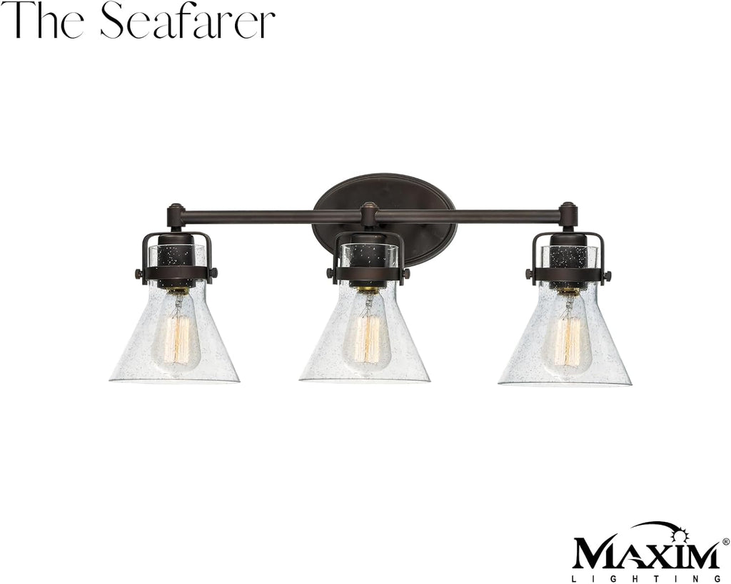 Maxim Lighting Seafarer 3-Light Bath Vanity Light | Oil Rubbed Bronze Steel Finish | Seedy Glass Shade | Industrial Indoor Light Fixture | Ideal for Bathrooms & Powder Rooms | Dimmable | 26113CDOI