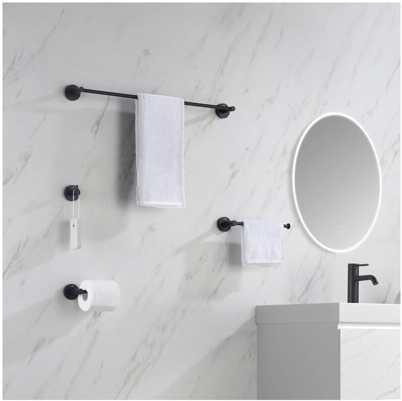 KIBI Circular 5-Piece Bathroom Hardware Set – Towel Bar, Towel Ring, Toilet Paper Holder & 2 Robe Hooks – Wall Mounted Solid Brass Bathroom Accessories Set – Rust-Resistant Matte Black