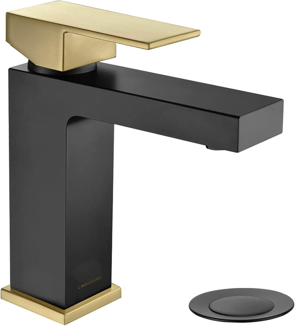Lava Odoro Black and Gold Bathroom Faucet, Brass Single Hole Bathroom Sink Faucet Single Handle with Drain Assembly, Deck Plate Included, BF307-GB