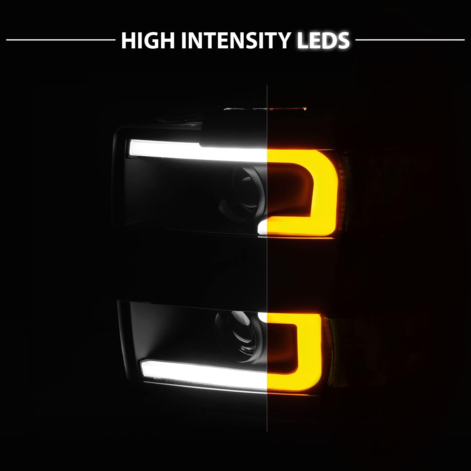 AmeriLite for 2015-2019 Chevy Silverado 2500HD 3500HD Pickup w/Switchback LED Tube All Dark Black Square Projector Headlights Assembly Set - Passenger and Driver Side