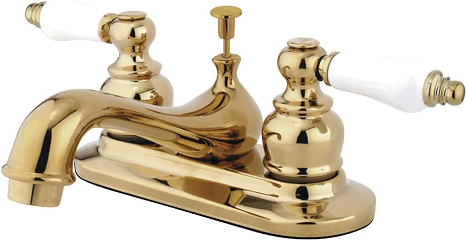 Kingston Brass KB602B Teapot Faucet with Metal Cross Handle & Pop-Up, Polished Brass, 4 Inch
