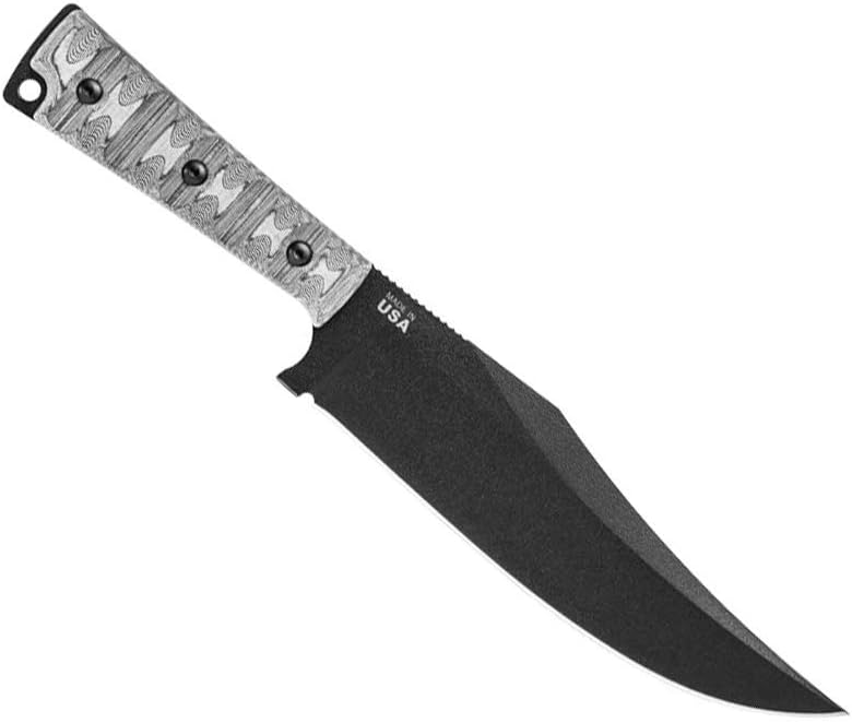Tops Knives Prather War Bowie Full Tang Fixed Blade- Black Traction Coating Blade Finish- Black Ballistic Nylon Sheath