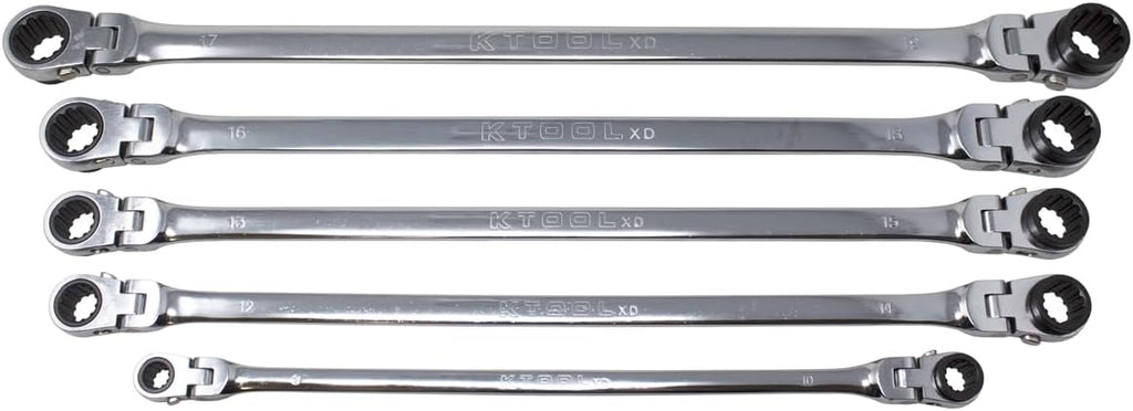 K Tool International XDDBM5120S Ratcheting Wrench Set, 120 Tooth Extra Long Flexible Design, Rotating Heads, Spline Plus Gear, Metric Sizes, Tight Access Work