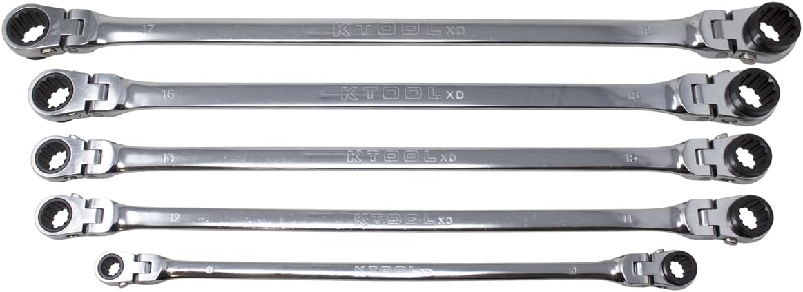 K Tool International XDDBM5120S Ratcheting Wrench Set, 120 Tooth Extra Long Flexible Design, Rotating Heads, Spline Plus Gear, Metric Sizes, Tight Access Work