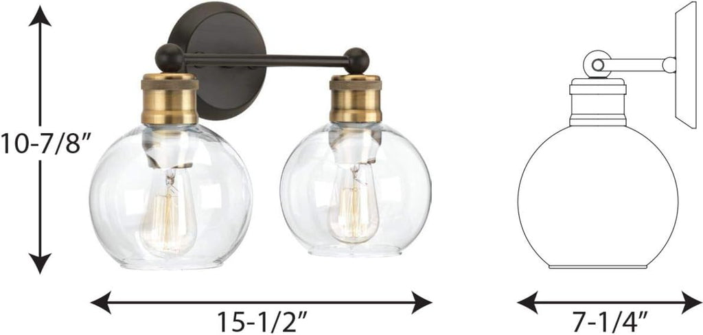 Hansford Collection 2-Light Clear Glass Coastal Bath Vanity Light Antique Bronze