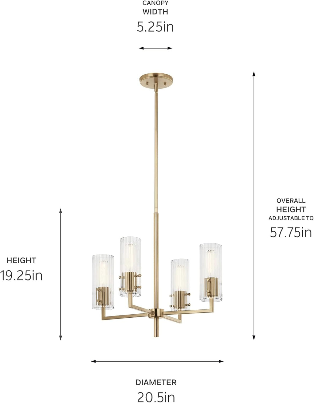 Kichler Velestino 4-Light Chandelier with Ribbed Glass Shades in Champagne Bronze, Modern Dining Room Light Fixture for Foyer, Living Room, Bedroom (20.5' x 19.25'), 52678CPZ