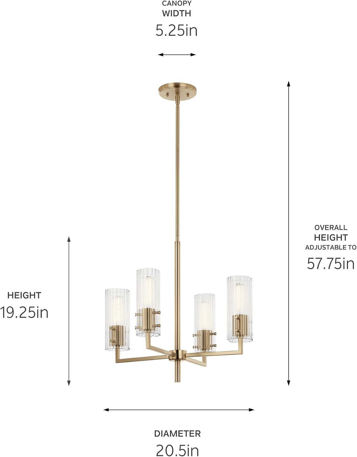 Kichler Velestino 4-Light Chandelier with Ribbed Glass Shades in Champagne Bronze, Modern Dining Room Light Fixture for Foyer, Living Room, Bedroom (20.5' x 19.25'), 52678CPZ