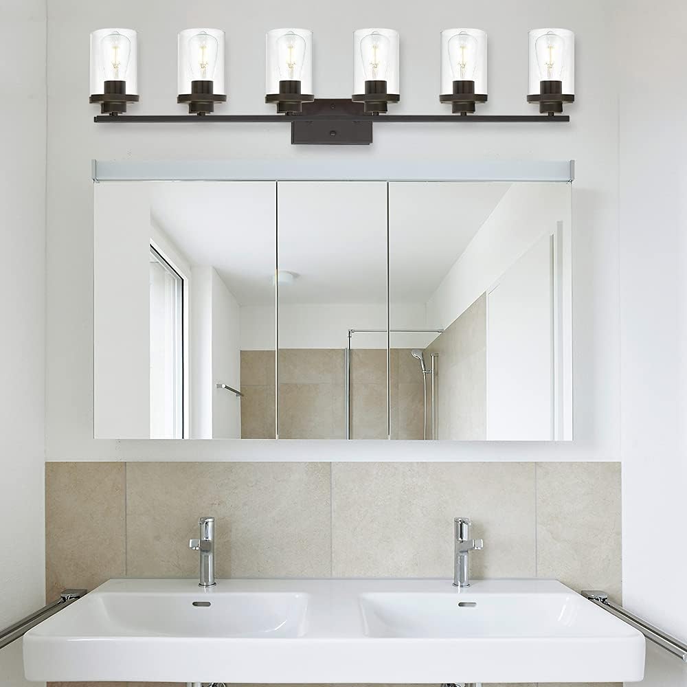 Oil Rubbed Bronze Bathroom Vanity Lights 6 Light, Bronze Vanity Lighting Fixtures with Glass Shade,Industrial Bathroom Light Fixtures Wall Sconces Lights for Kitchen Living Room Hallway