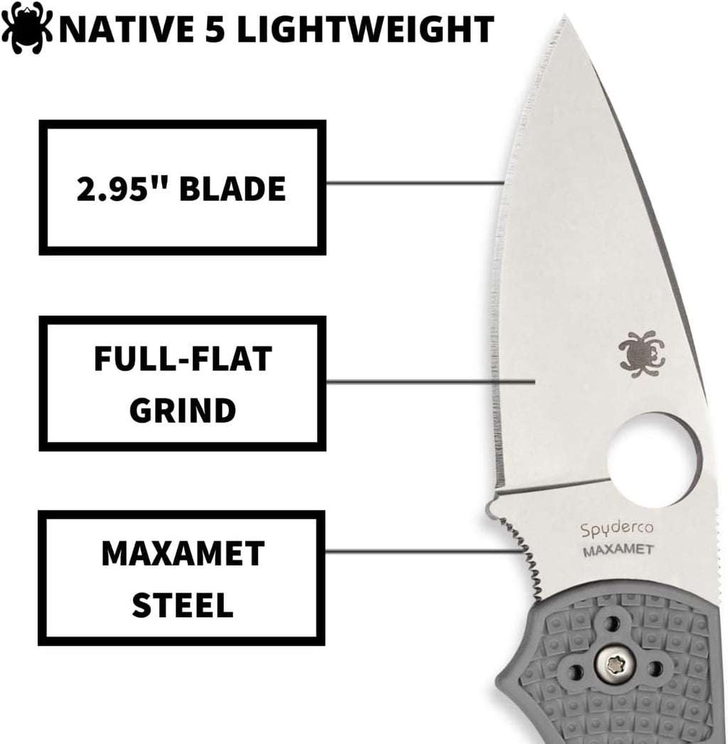 Spyderco Native 5 Signature Knife with 2.95' Maxamet Steel Blade and Gray FRN Handle - PlainEdge - C41PGY5